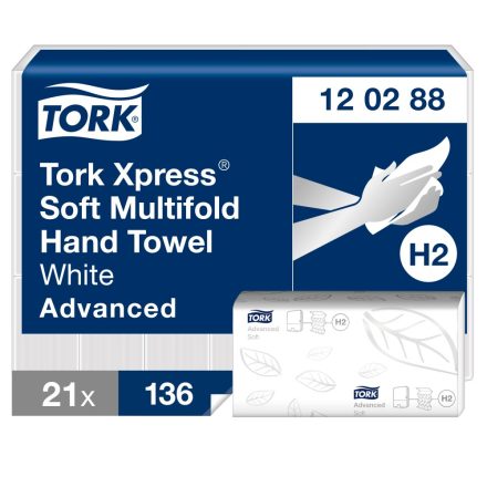 Tork Xpress Soft Multifold kéztörlő H2 Advanced fehér, 2 rétegű, 21x34 cm  SCA120288