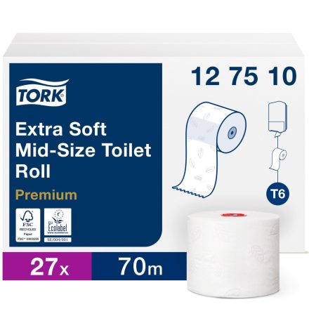 Tork Premium Mid size toalettpapír tekercs, extra soft, T6 3 r, fehér, 27x70m SCA127510