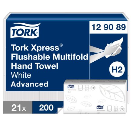Tork Xpress Soft toalettbe dobható Multifold kéztörlő H2 Advanced fehér, 2 rétegű 21 x 25,5 cm SCA129089